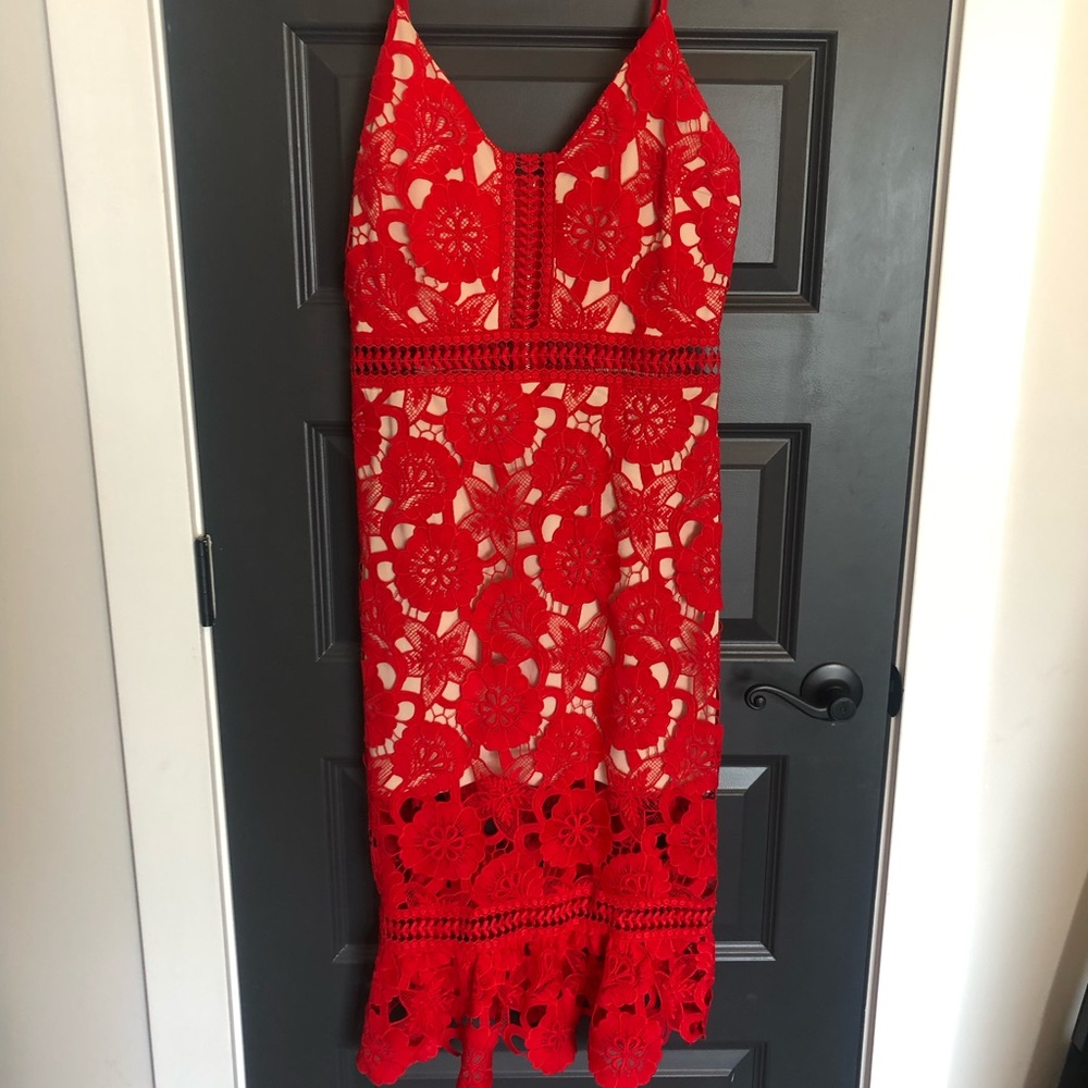 Red lace midi dress